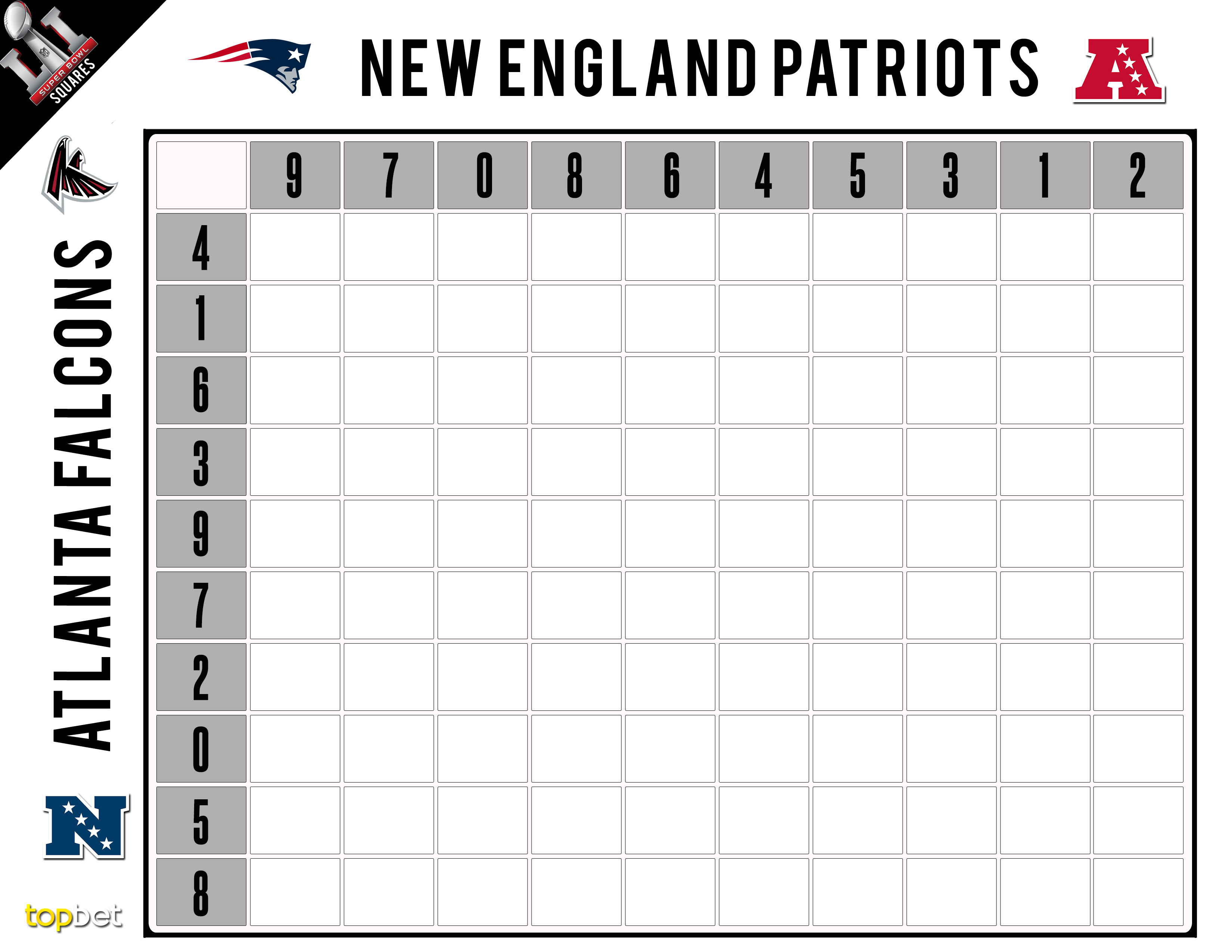 Super Bowl Squares  Superbowl squares, Printable brackets, Football squares