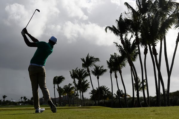 Tony Finau tees off in the final round of the Puerto Rico Open