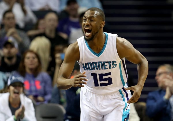 Kemba Walker roars after a big play in the game versus the San Antonio Spurs