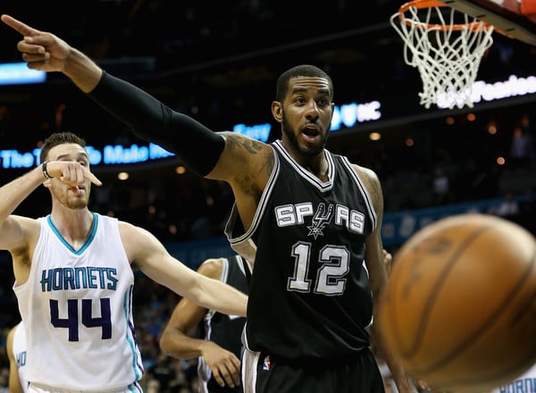LaMarcus Aldridge reacts to an out-of-bounce call in a game versus the Charlotte Hornets