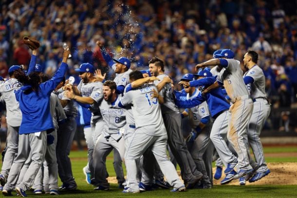 The Kansas City Royals quickly celebrates after defeating the New York Mets to win the 2015 World Series