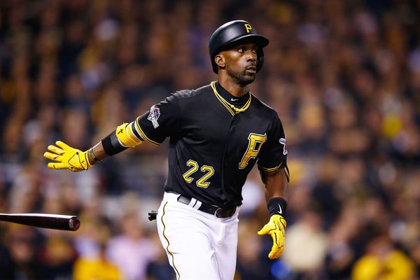 Andrew McCutchen drops the bat after flying out in a game versus the Chicago Cubs