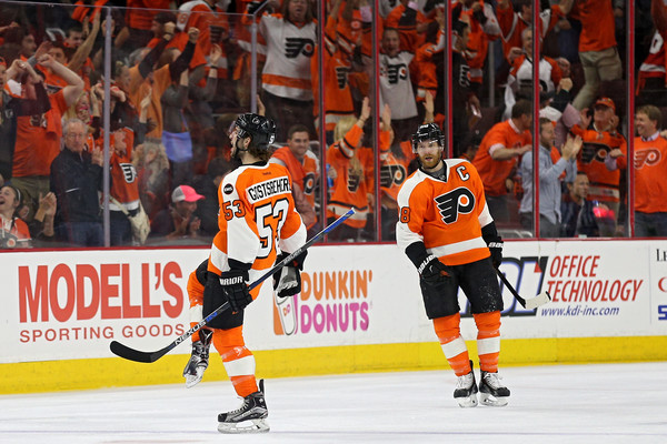 Shayne Gostisbehere celebrates his first playoff goal