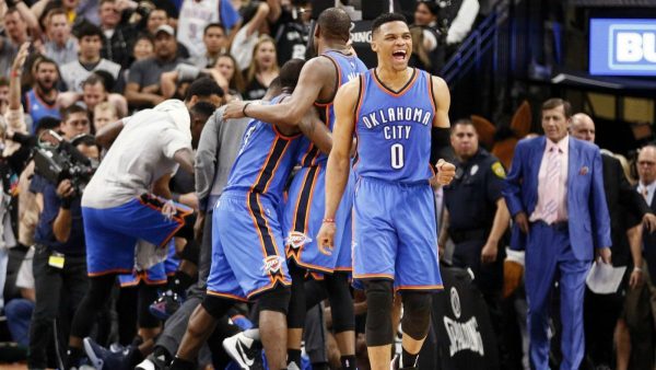 Russell Westbrook celebrates OKC's victory