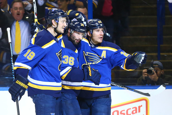 Jay Bouwmeester, Alexander Steen and Troy Brouwer get together after St. Louis scored a goal