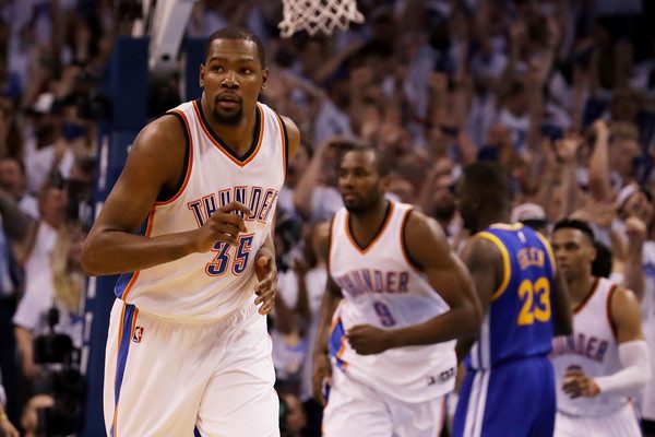 Kevin Durant reacts to a made basket