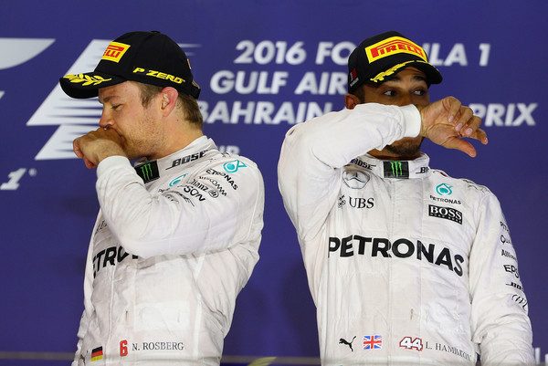 Lewis Hamilton and Nico Rosberg at the Bahrain GP Podium