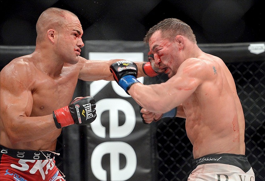 Eddie Alvarez lands a left hook against Michael Chandler in a Bellator Lightweight Championship Bout