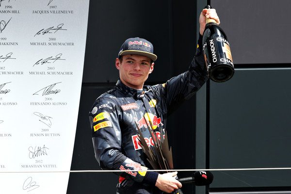 Max Verstappen celebrates his runner-up finish at the British GP