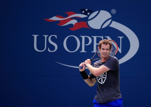 Andy Murray hits a practice shot in the US Open